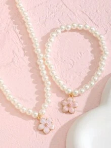 2pcs Exquisite Fashionable Faux Pearl Beaded Chain Pink Sweet Petal Flower Charm Pendant Necklace Bracelet For Girls Banquet Party Street Jewelry Decoration For Daily Wear - White - View 4