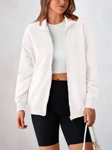 Chaqueta casual con cremallera completa, manga larga, corte holgado, con bolsillos, de moda para mujer en temporada de otoño