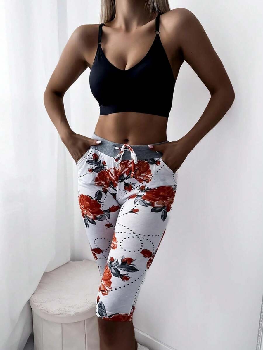 Women's White 3/4 Length Shorts With Red Flowers - Clothing - Orange - View 1