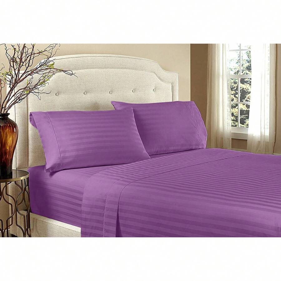 Hotel Collection 1800 Super Soft & Wrinkle Free Luxurious Stripe 6-Piece Sheet Set With Extra Pillowcases - 紫色 - 查看 1
