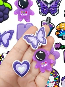 16 PCS Purple Mushroom Butterfly Mixed, Purple Flowers, Purple Mushrooms, Purple Lavender, Etc., Detachable, Washed, Shoe Tip Poetry, Flower Shadow Dance Neon Dress - Elegant Scenery Of Shoe Flowers