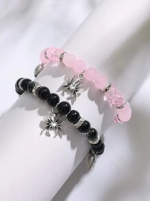 2件套空白粉色串珠手链，配蜘蛛吊坠，情侣款，时尚情侣饰品，完美的情人节礼物，适合所有季节 - 黑色和粉紅色 - 查看 2