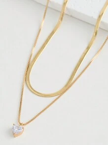 Nooxian 2pcs/Set Fashionable Sparkly Zirconia Heart Pendant Stainless Steel Box Chain Necklace, Layered Titanium Steel Choker Necklace For Women, Gold Color