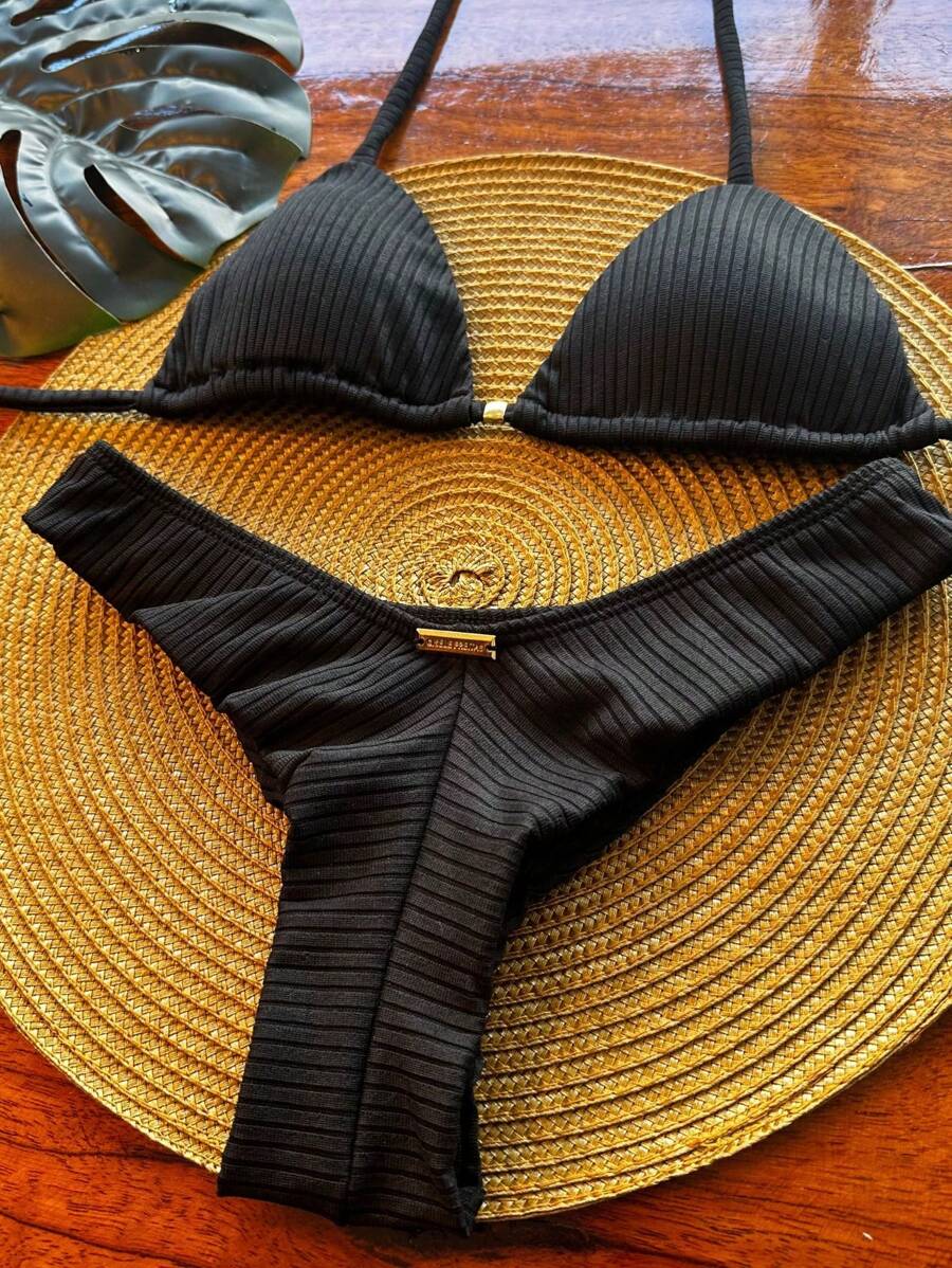 Textured Ribbed Delta Wing Bikini Set With Underwire And Padded Cups - màu đen - Xem 1