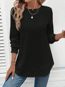 Women's Basic Asymmetric Hem Waffle Pattern Casual Comfort Sweatshirt - Black - View 4