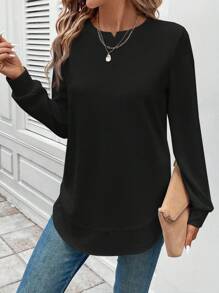 Women's Basic Asymmetric Hem Waffle Pattern Casual Comfort Sweatshirt - Black - View 3