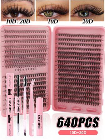DIY 簇状睫毛延长套装，640 件 8-16 毫米 10D+20D+30D+40D 黑色浓密簇状假睫毛，D 型卷曲簇状睫毛延长套装，适合家庭使用，浓密轻盈的睫毛簇套装，睫毛，睫毛，假睫毛