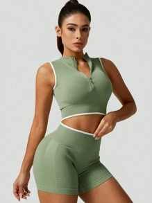 1 Conjunto de ropa deportiva de primavera para mujer con media cremallera, top corto sin mangas y shorts ajustados, de ajuste ceñido