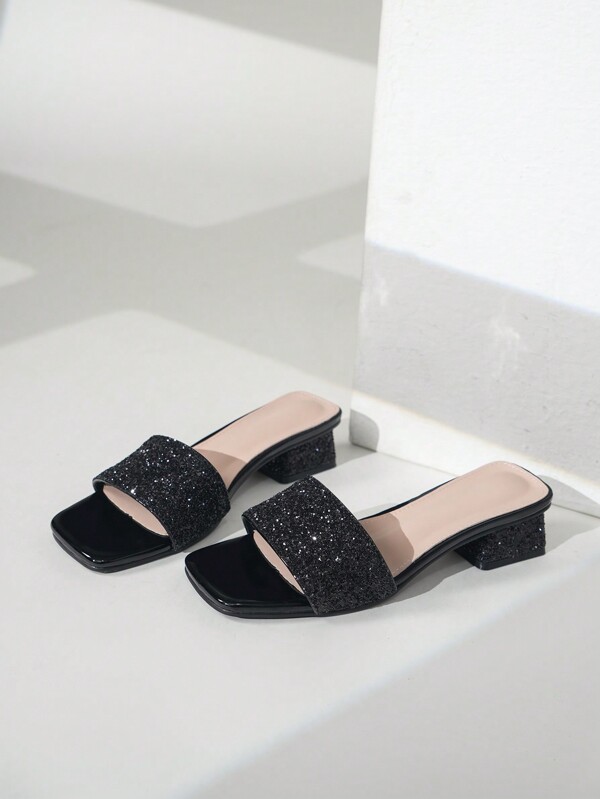 3.5cm Low Heel Summer Beach Sandals, Versatile Women's Open-Toe Slippers, Outdoor Flat Sandals, PU Leather Chunky Heel Slides, Glitter Women Slippers, Ladies' Fashion Casual Flat Flip Flops