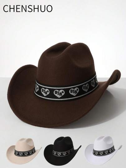 1pc Faux Wool Material, Heart Decor Band, Western Cowboy Hat, Cowboy, Fedora Hat, Suitable For Couples, Western Cowboy Theme Events, Vintage Parties, Cosplay, Costume Nights, Festivals, Birthdays, Stage Performances, Casual Wear Valentines