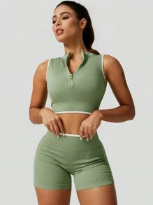 1 Conjunto de ropa deportiva de primavera para mujer con media cremallera, top corto sin mangas y shorts ajustados, de ajuste ceñido