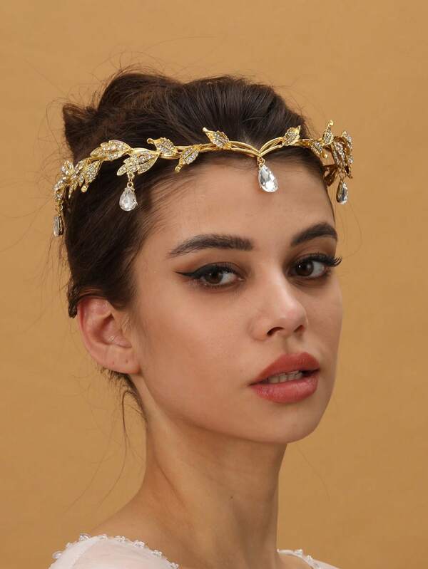 1 pieza Diadema con hoja de cristal, accesorios para el cabello con cristales, diadema joyería para novia, tocado de novia retro con hoja y colgante con rhinestones