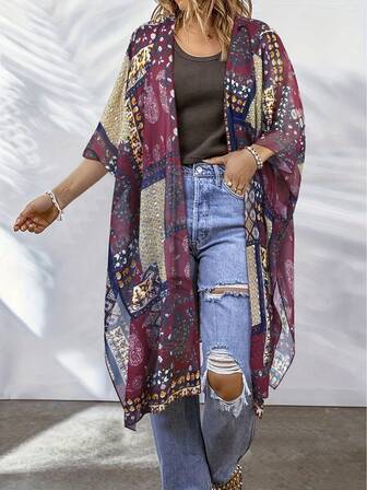 Kimono de mujer de talla grande con estampado de patchwork para playa y vacaciones, suelto y semitransparente con aberturas laterales, para cubrir en verano