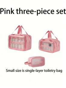 3/1pcs Portable PVC Dry & Wet Separation Bathroom Toiletry Bag, Transparent Double Layer Travel Makeup Organizer Pouch, Waterproof Handheld Washing Bag, Large Capacity Matte Cosmetics Storage Bag, Essential For Cruise, Beach, And Vacation