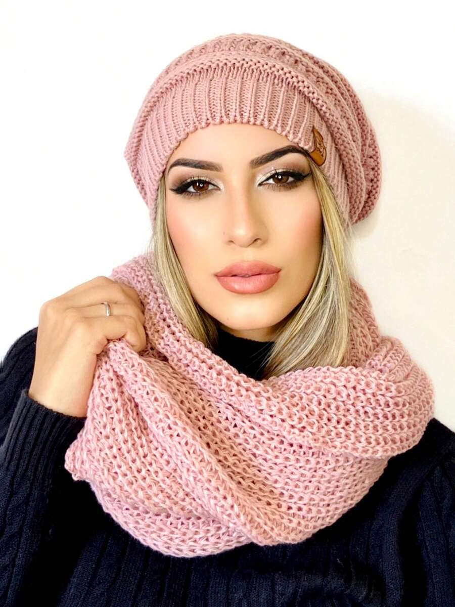 Unisex Knit Infinity Beanie And Scarf Set Soft Wool Winter Fashion - Rosa Oxidada - Ver 1