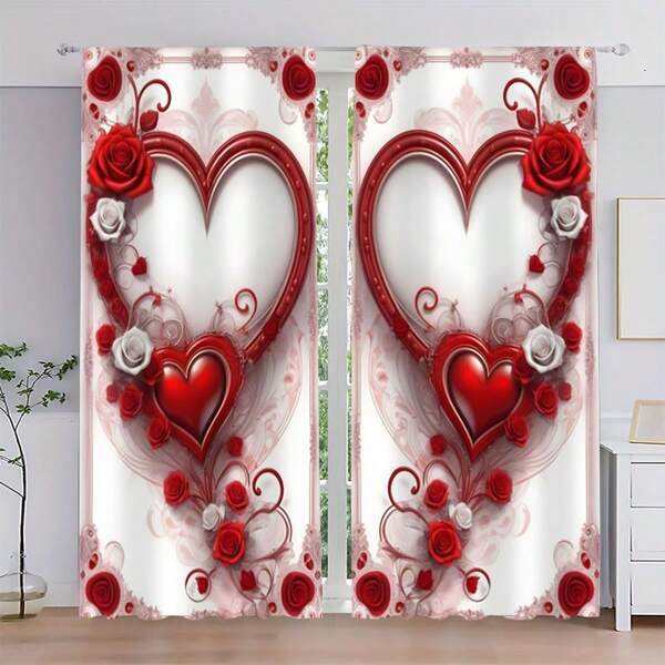 2 pezzi di tende con stampa semplice di rose rosse a forma di cuore per San Valentino, lavabili, oscuranti, decorazione per la casa per camera da letto e soggiorno, decorazione festiva