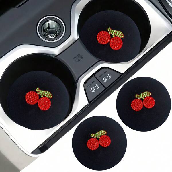 2pcs Bling Rhinestone Cherry Car Cup Coaster Stylish Fast-Drying Non-Slip Car Cup Mat
