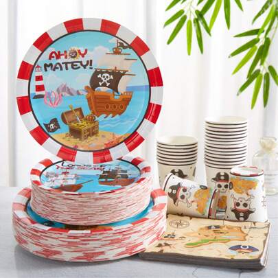 Artigos descartáveis para festas com tema de piratas de desenho animado, pratos descartáveis, copos, guardanapos, pratos de papel com tema de piratas de desenho animado, pratos e copos descartáveis de piratas adequados para decoração de festas, reuniões e aniversários