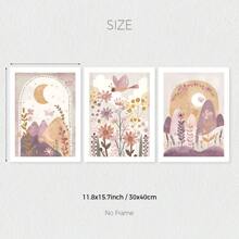 Set Of 3 Cute Boho Flower Moon Sun Wall Arts Canvas Prints, Rama Decor, Wildflower Girls Room Decor Posters, Butterfly Floral Wall Decor, Neutral Soft Mauve Wall Art, Ideal Gift For Living Room, Bedroom, Office, Hallway, Home And Room Decoration, Unframed Rama Gifts Birthday Graduation