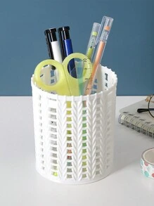 1pc Cartoon Rattan Plastic Pen Holder, Round Creative Hollow Desk Trash Can, Simple Design Office Stationery Storage Box, Back To School, School Supplies, Pencil Case, Pencil Pouch, School Bag - Multicolor - View 8