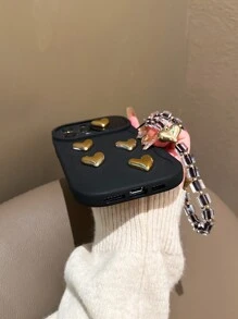 Creative DIY Electroplated Heart Wave Push Window Camera Lens Protection Anti-Fall Phone Case Compatible With Iphone 14 Pro Max, 13, 12, 12 Pro, 11, XS, & Elegant Design With Heart Lanyard Waterproof Shockproof Scratch Resistant - Gold - View 4