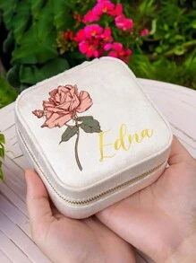 Boîte de rangement rond personnalisé avec fermeture éclair, sac de transport pour fleurs et texte, boîte de rangement en velours pour bijoux Saint-Valentin, boîte de rangement portable et compacte pour bijoux, nouvelle boîte de rangement portable ronde pour bijoux, boîte de rangement en velours pour bijoux de voyage, petit écrin rond portable de style coréen pour boucles d'oreilles, colliers, bagues et ongles, boîte de collection pour bijoux antioxydante