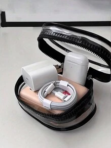 便携迷你透明拉链收纳袋，黑色毛巾刺绣字母A-Z，小巧多功能收纳袋，耳机充电器收纳盒带钥匙扣，透明旅行配件，精致小巧，适合收纳小物件，可作数据线收纳袋、手链袋等。 - 黑色 - 查看 8