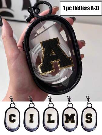 Sac de rangement à fermeture éclair transparent portable et mini, serviette noire brodée de lettres A-Z, appareil de stockage multifonction compact, étui pour casque et chargeur avec porte-clés, accessoires de voyage transparents, élégant et compact, adapté pour le stockage de petits articles, sac de rangement pour câble, sac pour bracelet sac scolaire ou universitaire, sac pour batterie portable, chargeur portable, étui pour casque, organisateur de câbles, étui pour appareil photo numérique, étui pour appareil photo, sac pour appareil photo Cannon