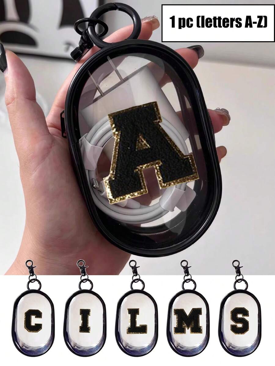 便携迷你透明拉链收纳袋，黑色毛巾刺绣字母A-Z，小巧多功能收纳袋，耳机充电器收纳盒带钥匙扣，透明旅行配件，精致小巧，适合收纳小物件，可作数据线收纳袋、手链袋等。 - 黑色 - 查看 1