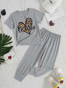 Young Girl' Leopard Print Heart Sequin Short Sleeve Top And Pants Casual 2 Pieces Set, Summer - Grey - View 1