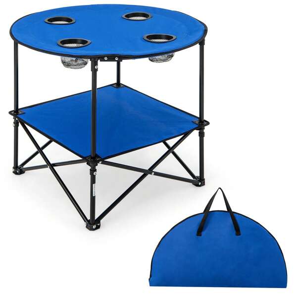 Homasis 2-Tier Foldable Camping Table W/ Carrying Bag 4 Cup Holders For BBQ Camping
