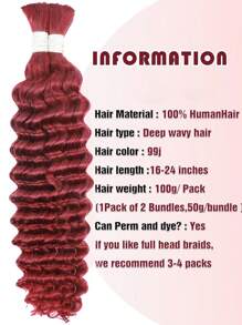 2 件/包 深波浪编织发 99J 勃艮第散装人发编织 波西米亚风盒状辫子 巴西处女无纬人发编织发 99J 红色水波钩针发 16 18 20 22 24 英寸编织接发 99J 卷发波浪人发 - 酒紅色 - 查看 5