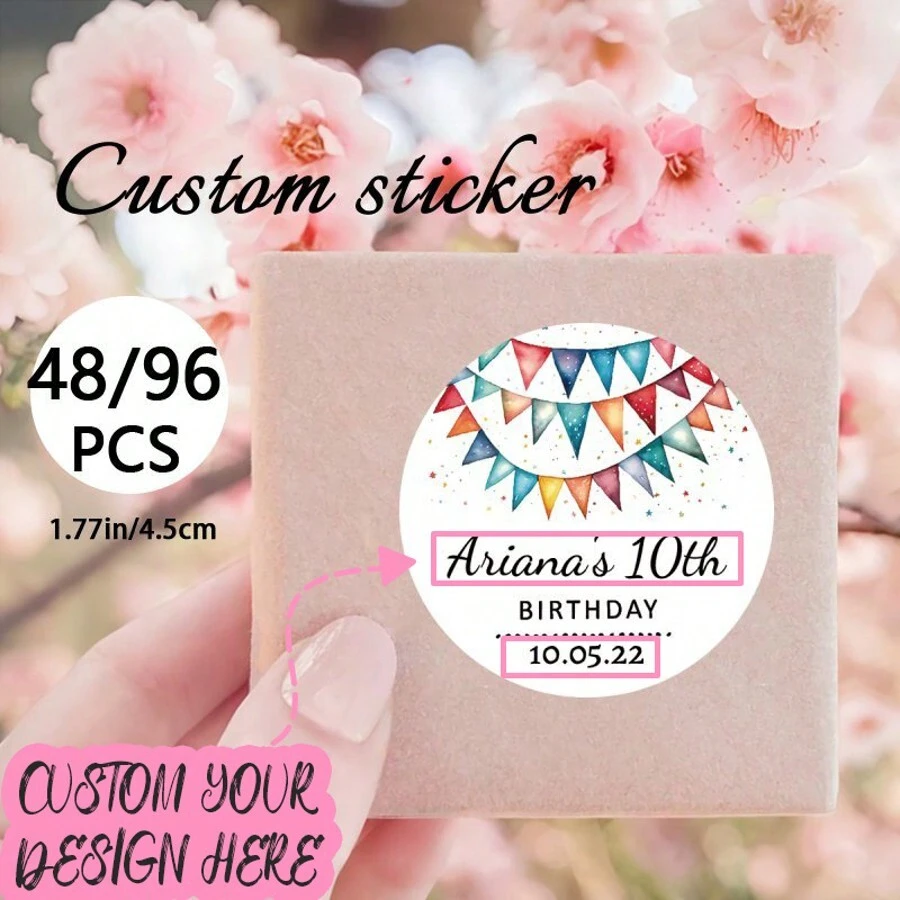 定制 48/96 件生日贴纸，个性化姓名贴花，适合派对礼物、纪念品、烘焙礼物 - 彩色 - 查看 1