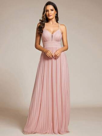 Deep V-Neck, Pleated, Criss-Cross Back Strap Bridesmaid Spaghetti Strap Dress