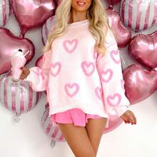 Women Cute Heart Pattern Sweaters Long Sleeve Crew Neck Pullover Oversized Jumper Ribbed Knitwear Y2k Going Out Top Casual Streetwear - Hồng - Xem 3