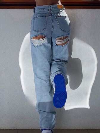 女士时尚街头风格破洞高腰直筒牛仔裤，秋季女士服装，牛仔背带裤，阔腿牛仔裤，工作/办公室，婚礼宾客礼服