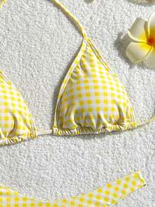 Women's Printed Fashionable Yellow Plaid Pattern Mini Triangle Bikini Set, Suitable For Summer Swimwear Vacation Beach - Yellow - View 7