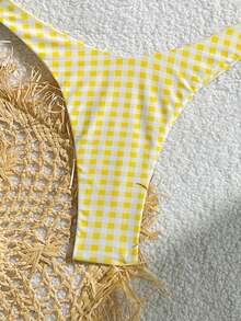 Women's Printed Fashionable Yellow Plaid Pattern Mini Triangle Bikini Set, Suitable For Summer Swimwear Vacation Beach - Yellow - View 8
