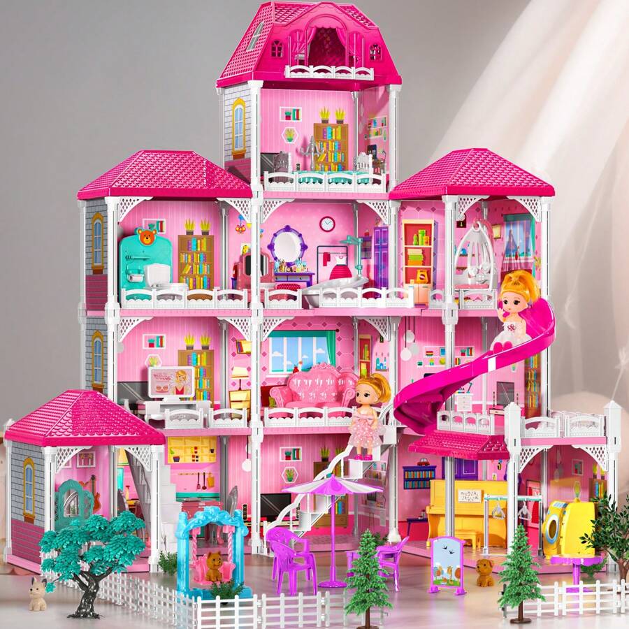 HENGPHY Pink Doll House Toys For Girls 3-8 Ages With 12 Rooms, Villa Girls Toys 2 Doll Figures, Slide, Pretend Play Accessories, Dly Educational Toy Playset, Ideal Gift For Ages 3+ Birthday Gifts - 粉色 - 查看 1