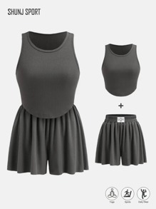 Graues ärmelloses geripptes Yoga Top & lose Yoga Shorts mit Kordelzug Set, bequeme & entspannte Passform, Sommer - Grau - Übersicht 1
