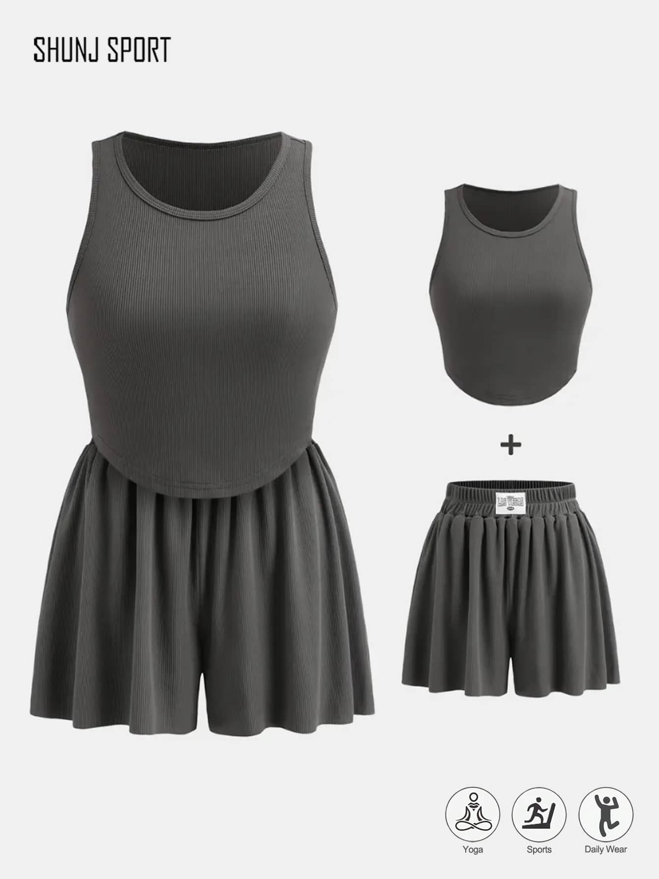 Graues ärmelloses geripptes Yoga Top & lose Yoga Shorts mit Kordelzug Set, bequeme & entspannte Passform, Sommer - Grau - Übersicht 1
