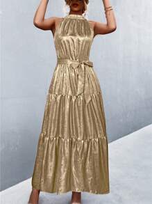 Women's Gold Halter Neck Cold Shoulder Fitted Dress, Summer - Gold - View 3