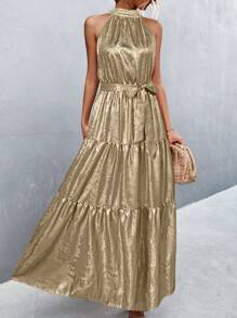 Women's Gold Halter Neck Cold Shoulder Fitted Dress, Summer - Gold - View 6