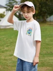 ASK JUNIOR 青少年男孩短袖印花 T 恤，透气运动风格夏季上衣，适合大孩子