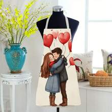 1pc Romance, Couple, Husband And Wife, Valentine's Day 3D Pattern Linen Apron For Home Cooking, Kitchen Wear, And Cooking Enthusiasts