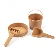 Un conjunto de 4 piezas de herramientas en miniatura para la caja de arena de los niños, que incluye pala, rastrillo, cubeta pequeña y tamiz, juguetes de playa y caja de arena para niños (arena y conchas no incluidas) - Caqui - Ver 2
