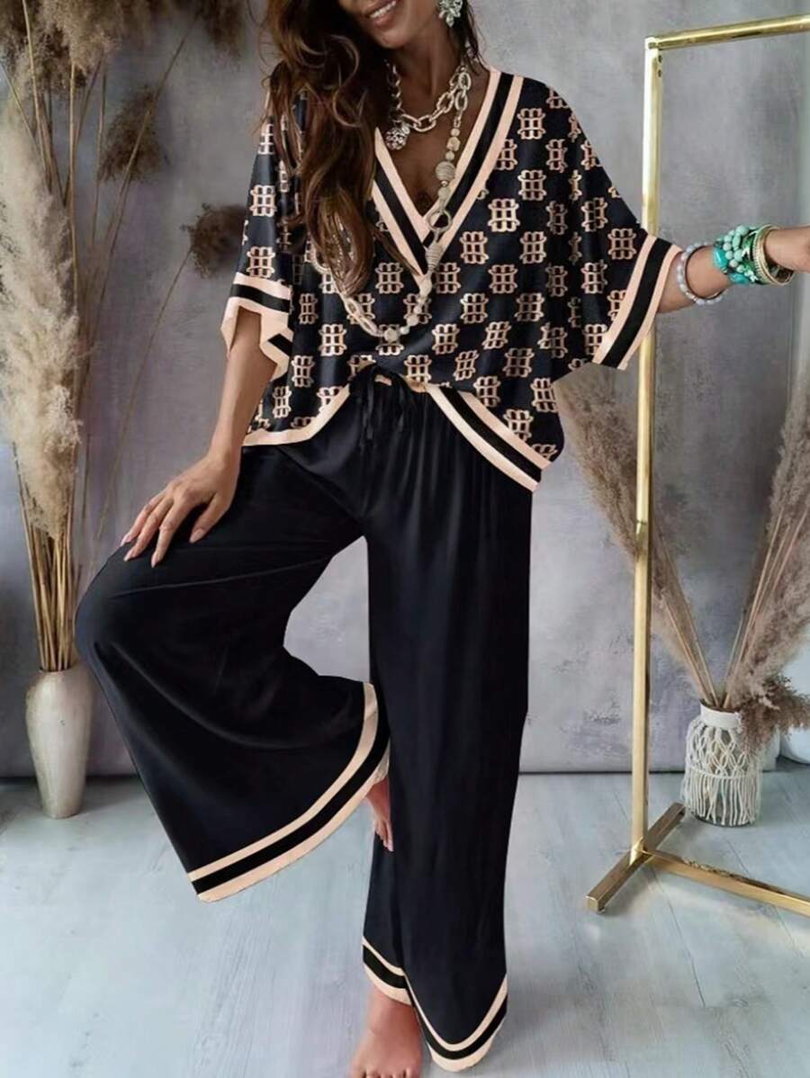 Bohemian Style Pajamas Set, V-Neck Loose Short-Sleeved Top Wide Leg Straight Trousers Can Be Worn Over Home Pajamas - Nhiều màu - Xem 1