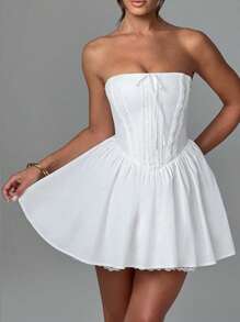 Women's Corset Mini Dress Strapless Lace Trim Solid Color Tube Top Dress Short Party Dress - 白色 - 查看 6