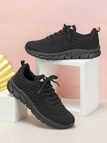 女士黑色运动鞋，时尚休闲系带运动跑步步行鞋，透气、柔软、舒适，适合上学、运动、通勤、礼物 - 黑色 - 查看 4