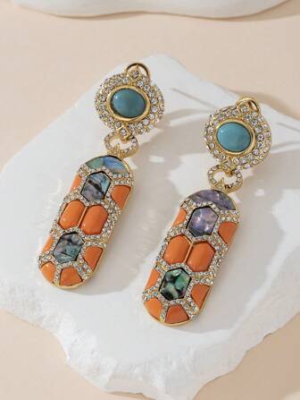 1 Pair Fashion Jewelry Earrings With Tortoiseshell Pattern And Multi-Color Gemstone Accents, Copper Alloy Plated In Gold, Suitable As Gifts For Friends, Holidays, Occasions - Birthdays, Valentine's Day, Mother's Day, Engagements, Anniversaries, Christmas, New Year, Outfits, Weddings - For Women, Ladies, Moms, Wives, Daughters, Aunts, Best Friends, Grandmothers, Sisters, Teens